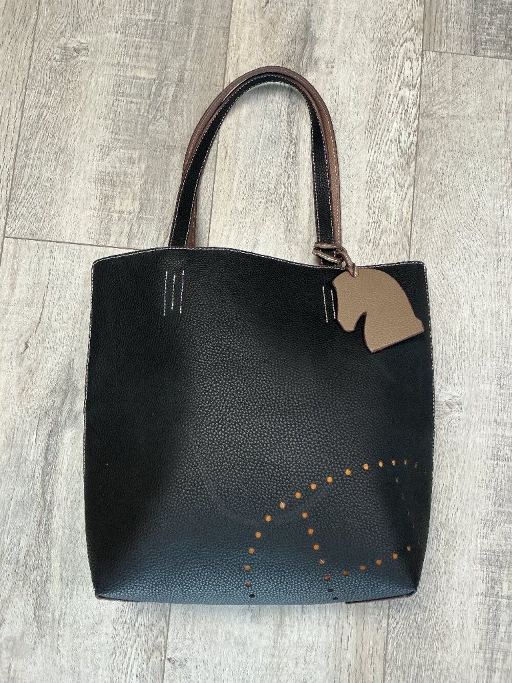 Black Pebbled Faux Leather Tote Brown Interior Horse Charm Everyday Shoulder Bag